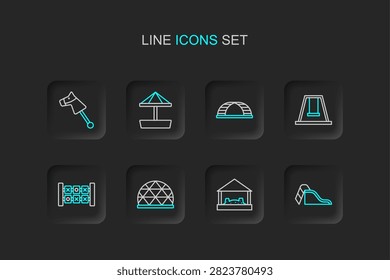 Set line Slide playground, Sandbox with sand, Playground climbing equipment, Education logic game, Swing for kids, Monkey bar,  and Toy horse icon. Vector