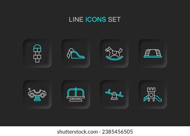 Set line Slide-Spielplatz, Seesaw, Attraktionskarussell, Swing, Affenbalken, Pferdesattelschwingen und Hopscotch-Symbol. Vektorgrafik