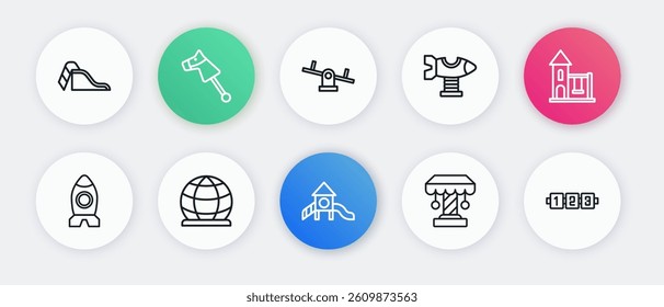 Set line Slide playground, Swing for kids, Rocket ship toy, Attraction carousel, plane, Seesaw, Education logic game and Playground climbing equipment icon. Vector