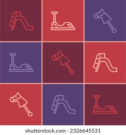 Fijar la línea Deslizar parque infantil, Juguete caballo y el icono del coche parachoques. Vector