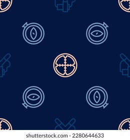 Set line Slingshot, Compass and Sniper optical sight on seamless pattern. Vector