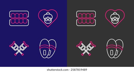 Set line Slippers, Crutch or crutches, Grandmother and False jaw icon. Vector