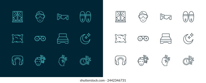 Set line Slippers, Dreams, Big bed, Contact lens container, Bed, Window with curtains and Eye sleep mask icon. Vector