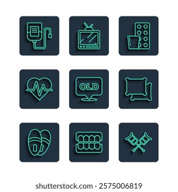 Set line Slippers, False jaw, Crutch or crutches, Pills in blister pack, Nursing home, Heart rate, IV bag and Pillow icon. Vector