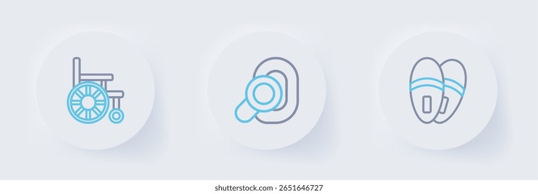Set line Slippers, Hearing aid and Wheelchair icon. Vector