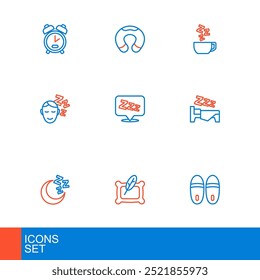 Set line Slippers, Pillow, Moon and stars, Time to sleep, Dreams, Sleepy, Chamomile tea and Travel neck pillow icon. Vector