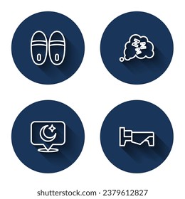 Set line Slippers, Sleepy, Moon and stars and Bed with long shadow. Blue circle button. Vector