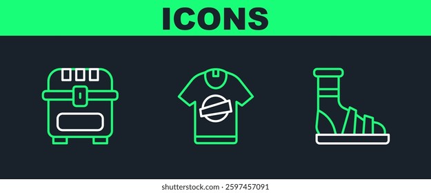 Set line Slippers with socks, Antique treasure chest and T-shirt icon. Vector