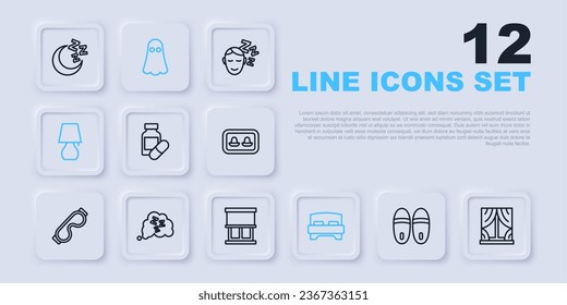 Set line Slippers, Window with curtains, Sleeping pill, Big bed, Table lamp, Sleepy, Ghost and  icon. Vector