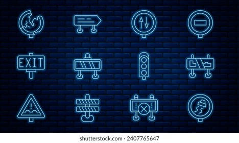 Set line Slippery road traffic, Road sign, warning two way, barrier, Fire exit, Traffic light and  icon. Vector