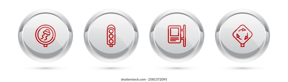 Set line Slippery road traffic, Traffic light, Road sign and Roundabout. Silver circle button. Vector