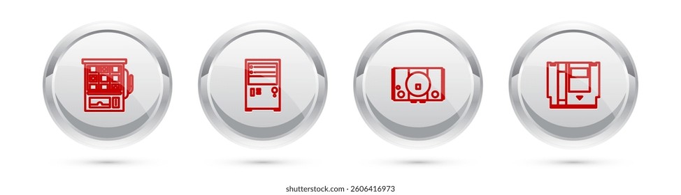 Set line Slot machine, Computer, Video game console and Cartridge. Silver circle button. Vector