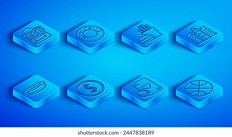 Set line Slot machine, Donut, Burger and french fries, Coin money with dollar, Casino chip playing cards, City landscape, Hotdog sandwich and Basketball ball icon. Vector