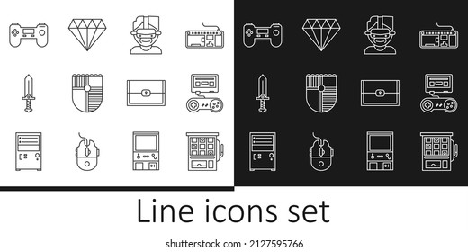 Fijar línea Máquina de ranura, consola de juego con joystick, gafas de realidad virtual, Escudo para juego, Espada, Gamepad, Chest y icono de diamante. Vector