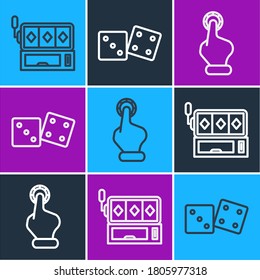Set line Slot machine, Hand holding casino chips and Game dice icon. Vector