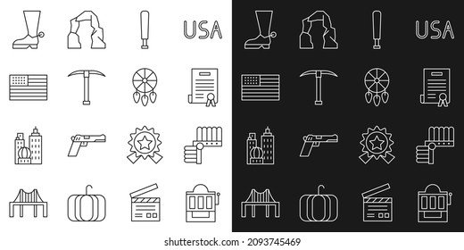 Set line Slot machine, Indian headdress with feathers, Declaration of independence, Baseball bat, Pickaxe, American flag, Cowboy boot and Dream catcher icon. Vector