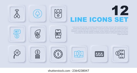 Set line Slot machine with jackpot, Football betting money, Hand holding casino chips, Stacks paper cash, Casino dollar, Playing card clubs symbol and  icon. Vector
