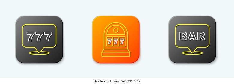 Set line Slot machine with jackpot,  and Alcohol bar location icon. Vector