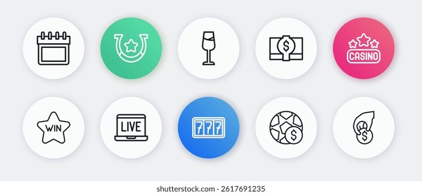 Set line Slot machine with jackpot, Casino signboard, win, Football betting money, Stacks paper cash, Wine glass, Hand holding casino chips and Online poker table game icon. Vector