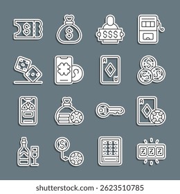 Set line Slot machine with jackpot, Casino chip and playing cards, dollar, Winner holding prize ticket, Online poker table game, Game dice, Lottery and Playing diamonds icon. Vector