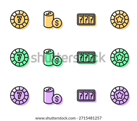 Set line Slot machine with jackpot, Casino chips, dollar and  icon. Vector