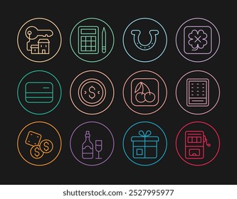 Set line Slot machine, Lottery ticket, Horseshoe, Coin money with dollar, Credit card, Winning house key, cherry and Bingo icon. Vector