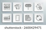 Set line Slot machine with lucky sevens jackpot, Playing cards, back, Casino chips, exchange on stacks of dollars, signboard, and playing and Online slot icon. Vector