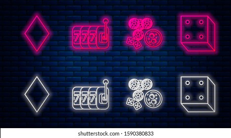 Set line Slot machine with lucky sevens jackpot, Casino chips, game dice and glass of whiskey with ice cubes, Playing card with diamonds symbol and Game dice. Glowing neon icon on brick wall. Vector