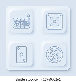 Set line Slot machine with lucky sevens jackpot, Game dice, Playing card with diamonds symbol and Glass of whiskey and ice cubes. White square button. Vector