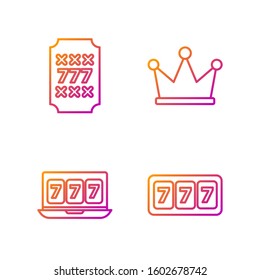 Set line Slot machine with lucky sevens jackpot, Online slot machine with lucky sevens jackpot, Slot machine with lucky sevens jackpot and Crown. Gradient color icons. Vector