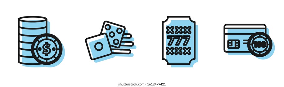 Set line Slot machine with lucky sevens jackpot, Casino chip with dollar, Game dice and Credit card icon. Vector