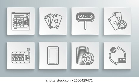Set line Slot machine with lucky sevens jackpot, Playing cards, back, Casino chips, exchange on stacks of dollars, signboard, and playing and Online slot icon. Vector