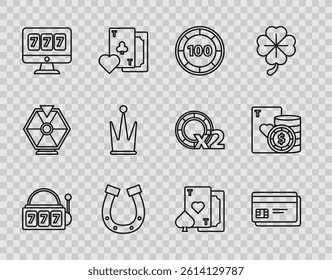 Set line Slot machine with lucky sevens jackpot, Credit card, Casino chips, Horseshoe, Online slot, Crown, Playing heart and and playing cards icon. Vector