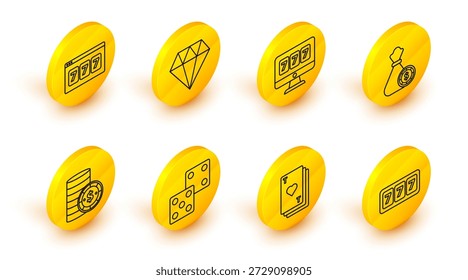Set line Slot machine with lucky sevens jackpot, Playing card heart, Game dice, Casino chip dollar, Money bag and casino chips, Online slot, Diamond and  icon. Vector