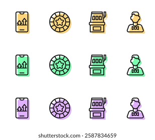 Set line Slot machine, Online sports betting, Casino chips and dealer icon. Vector