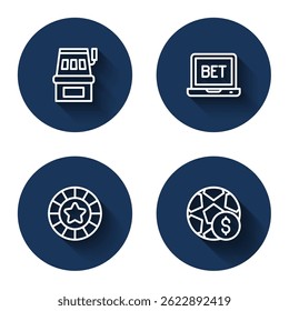 Set line Slot machine, Online sports betting, Casino chips and Football money with long shadow. Blue circle button. Vector