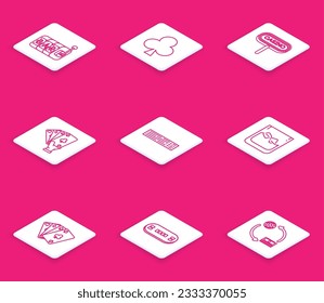 Set line Slot machine, Playing card with clubs symbol, Casino signboard, Hand holding playing cards, Deck of, Glass whiskey ice cubes,  and Poker table icon. Vector
