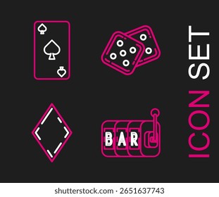 Set line Slot machine, Playing card with diamonds symbol, Game dice and spades icon. Vector