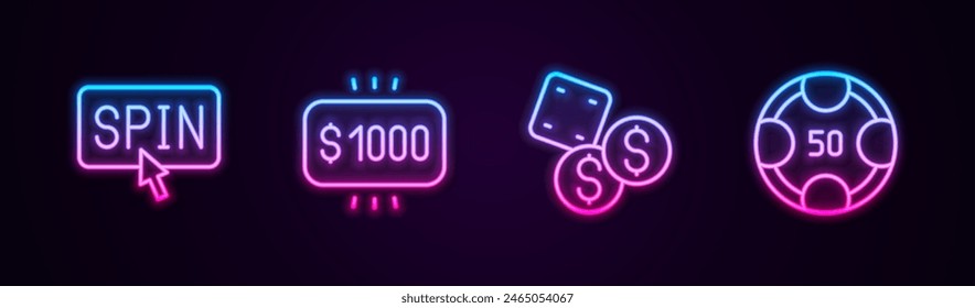 Juego de línea Máquina de ranura de giro de Botón, premio de dinero de casino, juego de dados y fichas de casino. Icono de neón brillante. Vector