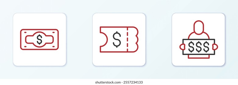 Set line Slot machine spin button, Stacks paper money cash and Lottery ticket icon. Vector