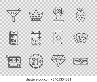 Set line Slot machine, Stacks paper money cash, Casino poker trophy cup, 21 plus, Martini glass, Deck of playing cards, Diamond and  icon. Vector