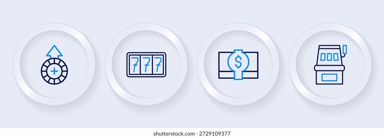 Máquina tragamonedas de línea, dinero en efectivo de papel de las pilas, con el bote y el icono de las fichas del casino. Vector