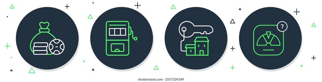 Set line Slot machine, Winning house with key, Money bag and Lucky wheel icon. Vector
