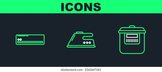 Set line Slow cooker, Air conditioner and Electric iron icon. Vector