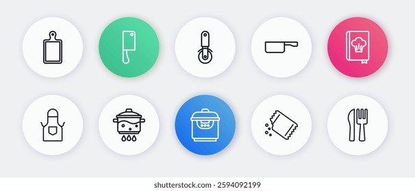 Set line Slow cooker, Cookbook, Kitchen apron, Packet of pepper, Frying pan, Pizza knife, Crossed and fork and Cooking pot fire icon. Vector