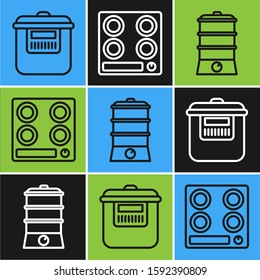Set line Slow cooker , Double boiler  and Gas stove  icon. Vector