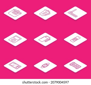 Set line Slow cooker, Measuring cup, Router and wi-fi signal, Music player, Power bank with different charge cable, Remote control, Microwave oven and Smart watch showing heart beat rate icon. Vector