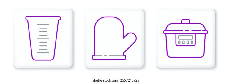 Set line Slow cooker, Measuring cup and Oven glove icon. Vector