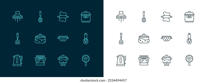 Set line Slow cooker, Oven, Kitchen colander, Cooking pot on fire, Rolling pin dough, extractor fan and whisk icon. Vector