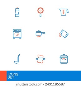 Set line Slow cooker, Rolling pin on dough, Kitchen ladle, Packet of pepper, Oven, Cooking pot fire, Measuring cup and Frying pan icon. Vector
